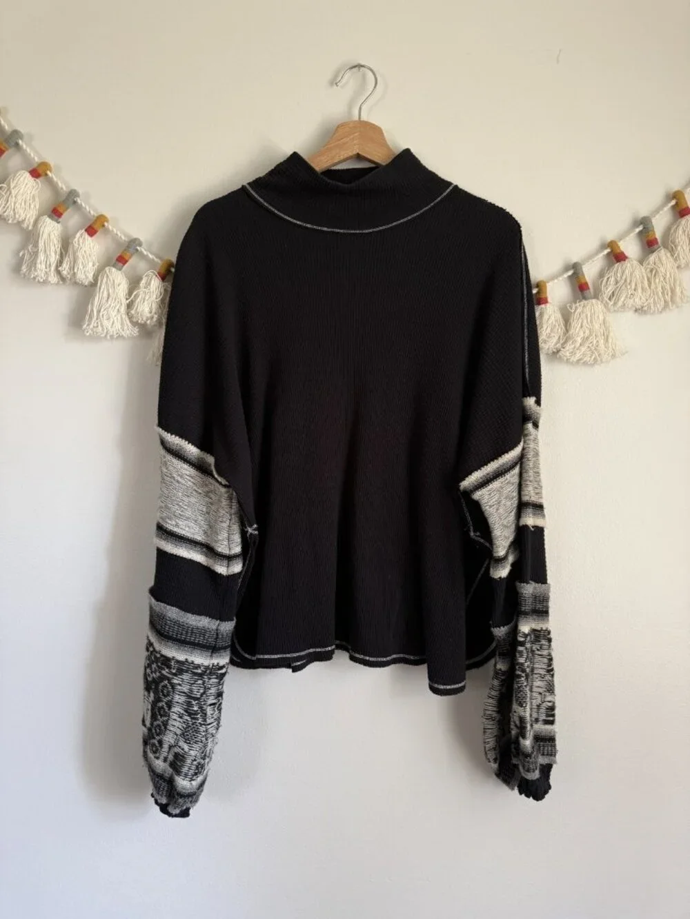 Free People Northern Lights Thermal Mock Neck Balloon Sleeve Top Boho Festival L